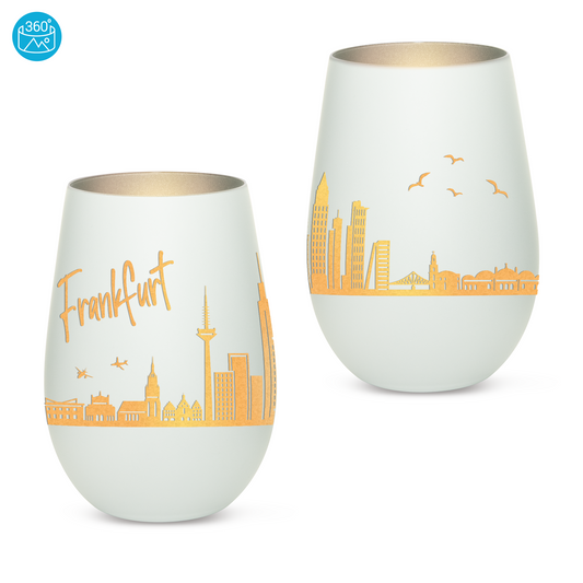 Hochwertiges Glas Windlicht mit Gravur "SKYLINE FRANKFURT" in der Farbe Weiß/Silber