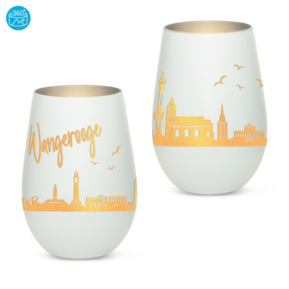 Hochwertiges Glas Windlicht mit Gravur "SKYLINE WANGEROOGE" in der Farbe Weiß/Silber