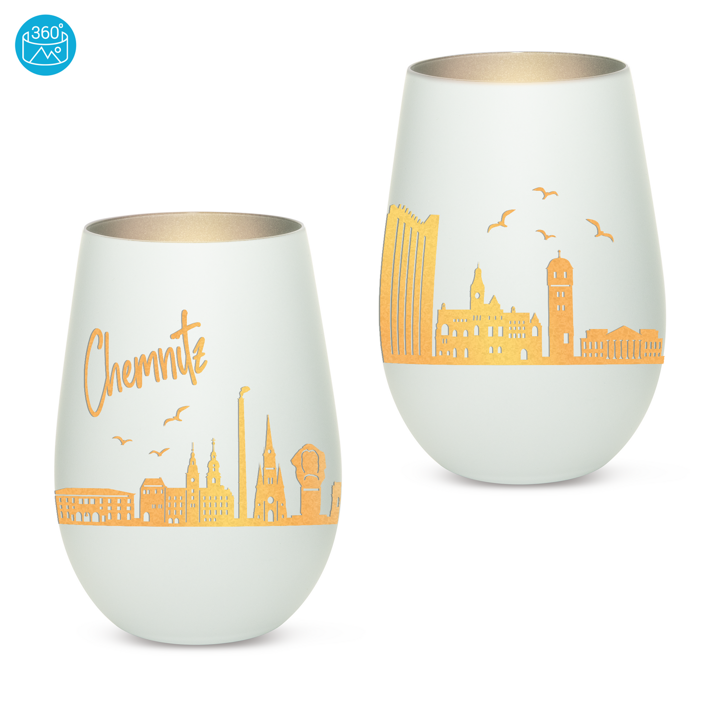 Hochwertiges Glas Windlicht mit Gravur "SKYLINE CHEMNITZ" in der Farbe Weiß/Silber