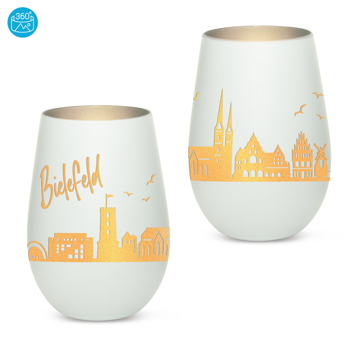 Hochwertiges Glas Windlicht mit Gravur "SKYLINE BIELEFELD" in der Farbe Weiß/Silber