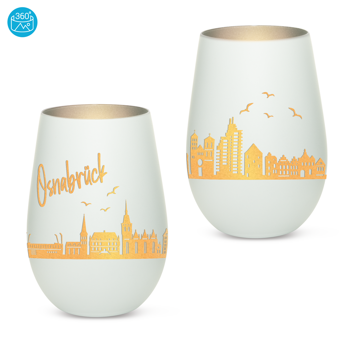Hochwertiges Glas Windlicht mit Gravur "SKYLINE OSNABRÜCK" in der Farbe Weiß/Silber