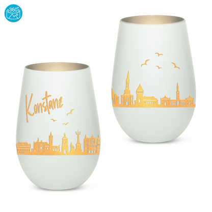 Hochwertiges Glas Windlicht mit Gravur "SKYLINE KONSTANZ" in der Farbe Weiß/Silber