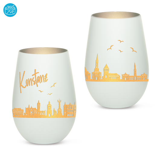 Hochwertiges Glas Windlicht mit Gravur "SKYLINE KONSTANZ" in der Farbe Weiß/Silber