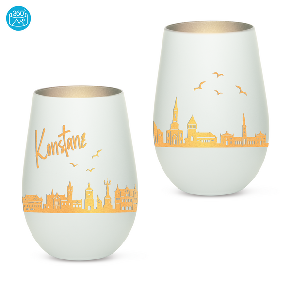 Hochwertiges Glas Windlicht mit Gravur "SKYLINE KONSTANZ" in der Farbe Weiß/Silber