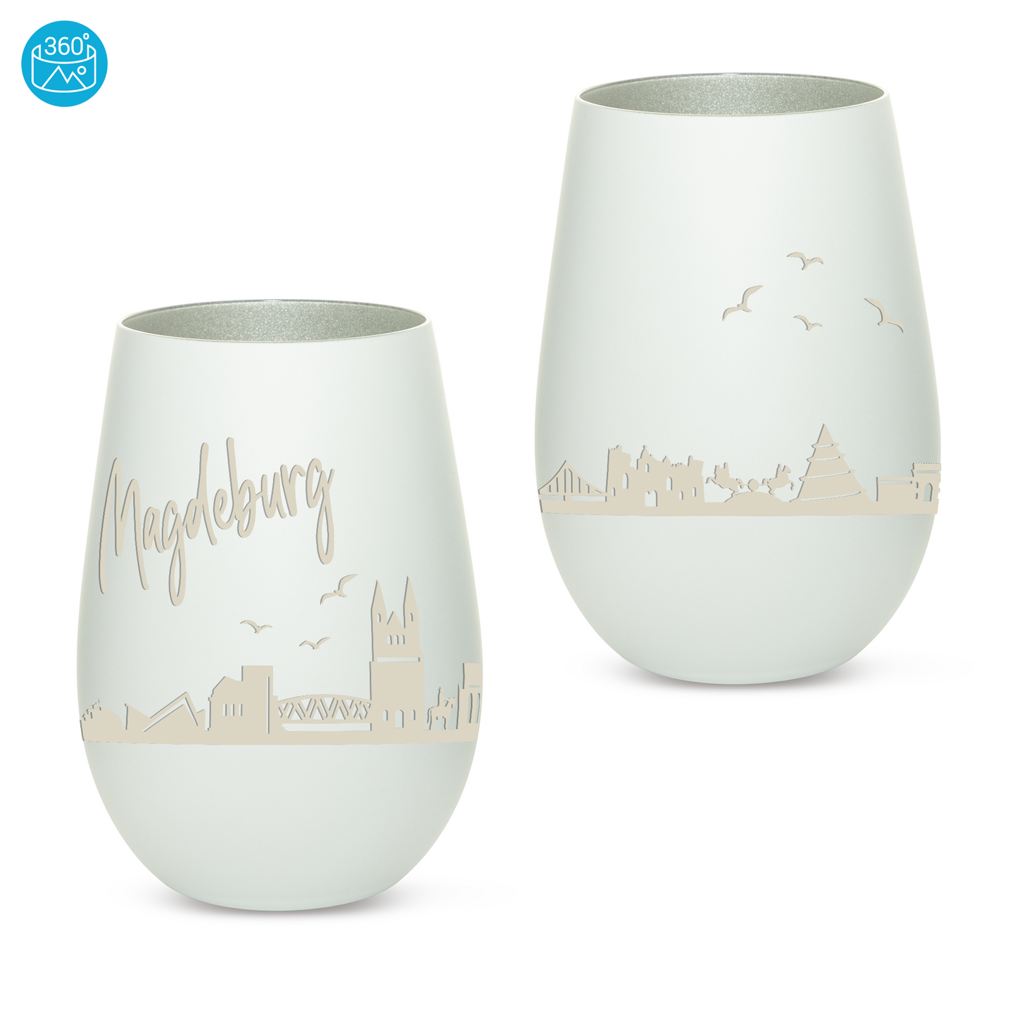 Hochwertiges Glas Windlicht mit Gravur "SKYLINE MAGDEBURG" in der Farbe Weiß/Silber