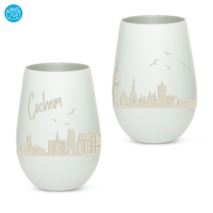 Hochwertiges Glas Windlicht mit Gravur "SKYLINE COCHEM" in der Farbe Weiß/Silber