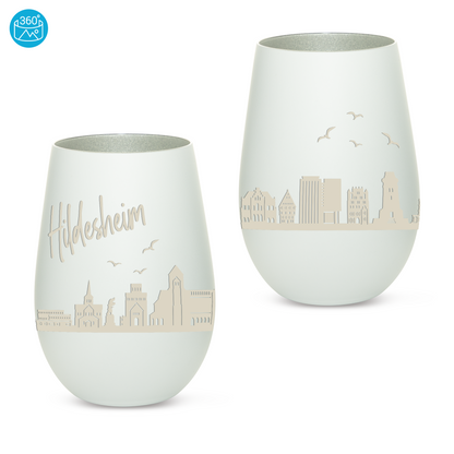 Hochwertiges Glas Windlicht mit Gravur "SKYLINE HILDESHEIM" in der Farbe Weiß/Silber