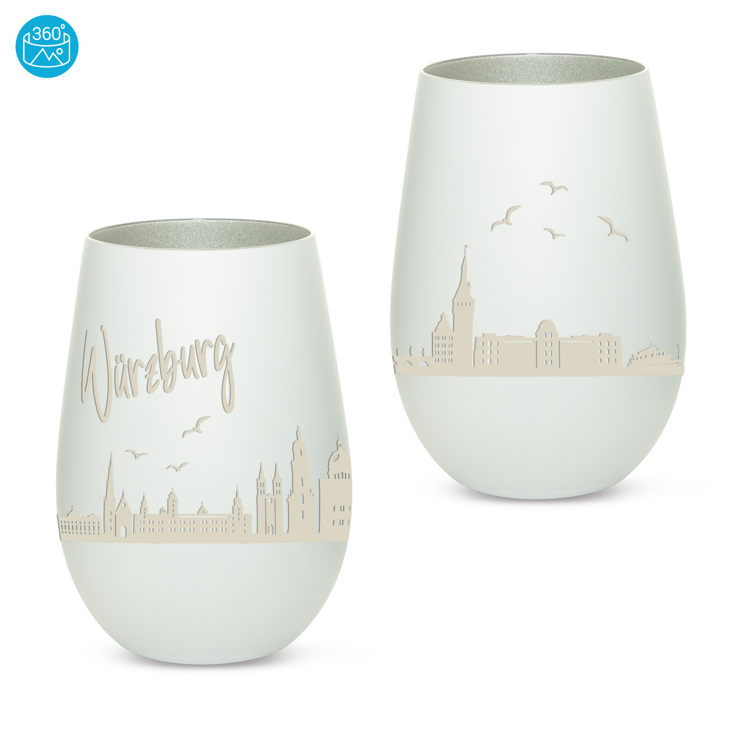 Hochwertiges Glas Windlicht mit Gravur "SKYLINE WÜRZBURG" in der Farbe Weiß/Silber