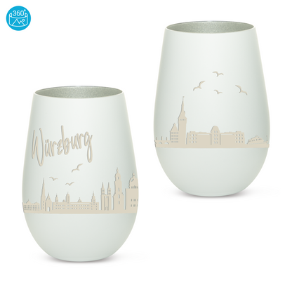 Hochwertiges Glas Windlicht mit Gravur "SKYLINE WÜRZBURG" in der Farbe Weiß/Silber