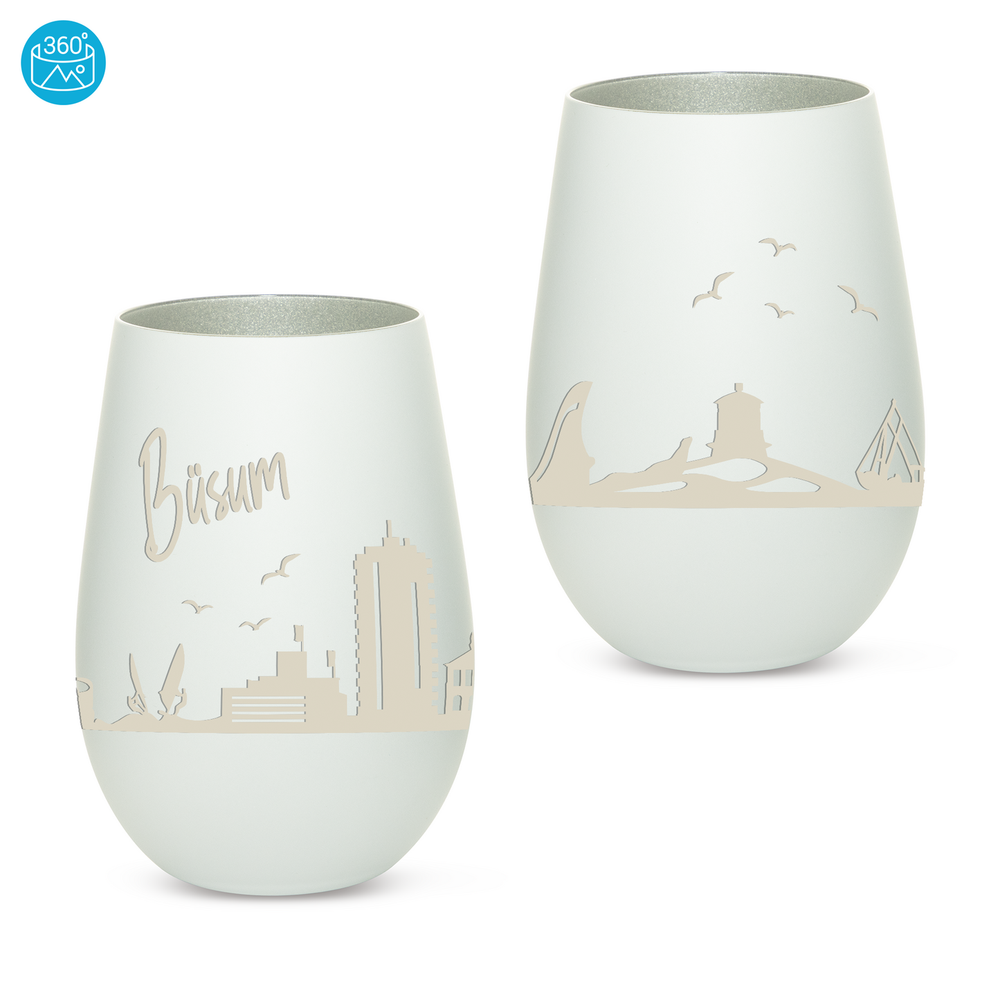Hochwertiges Glas Windlicht mit Gravur "SKYLINE BÜSUM" in der Farbe Weiß/Silber