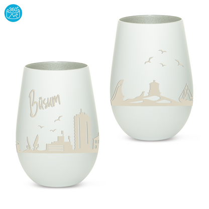 Hochwertiges Glas Windlicht mit Gravur "SKYLINE BÜSUM" in der Farbe Weiß/Silber