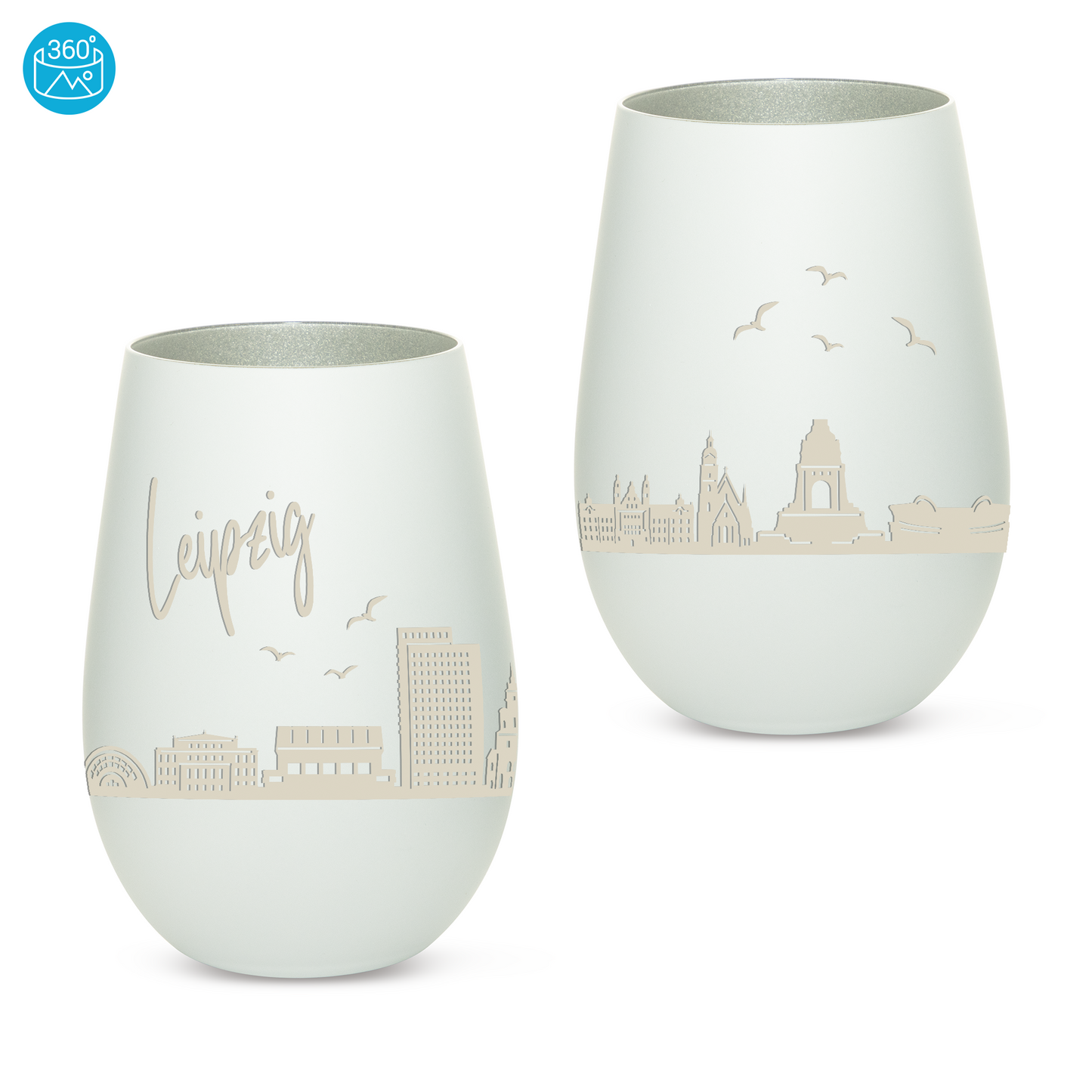 Hochwertiges Glas Windlicht mit Gravur "SKYLINE LEIPZIG" in der Farbe Weiß/Silber