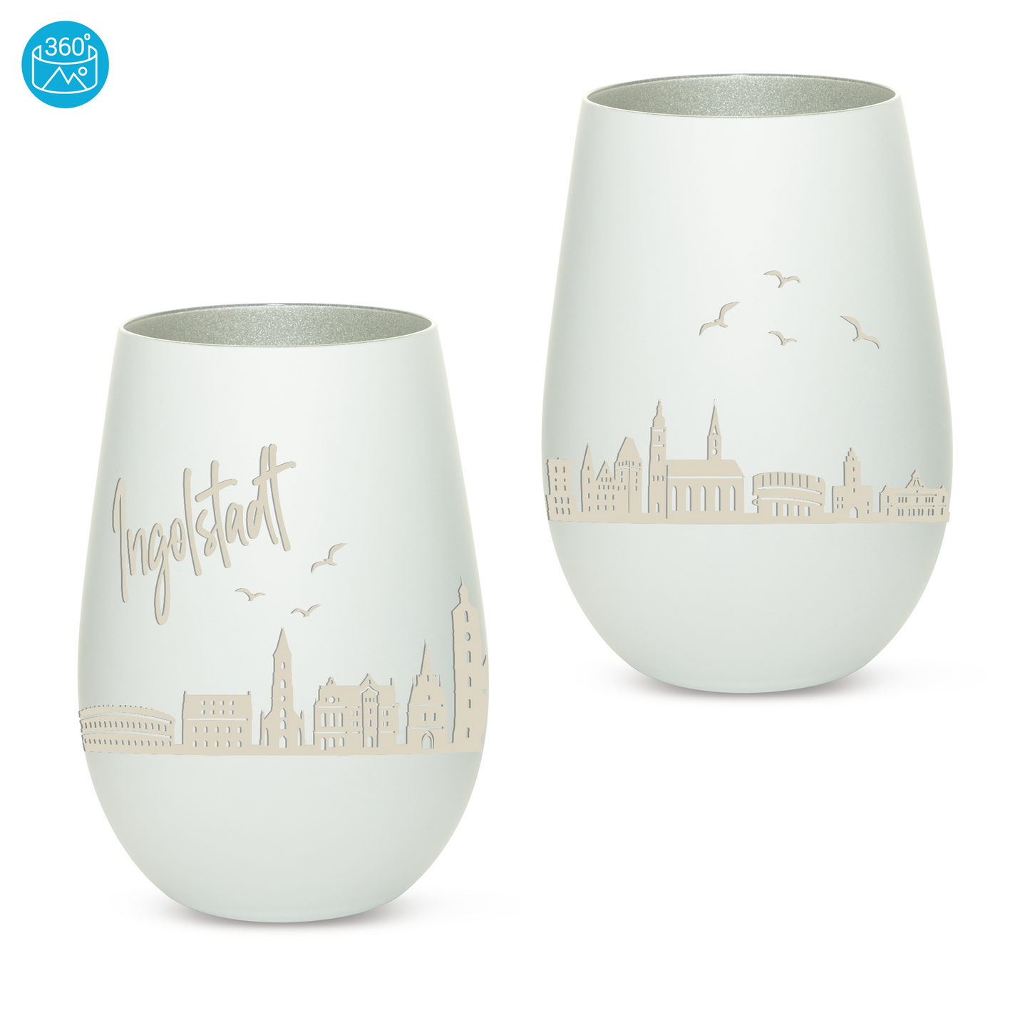 Hochwertiges Glas Windlicht mit Gravur "SKYLINE INGOLSTADT" in der Farbe Weiß/Silber