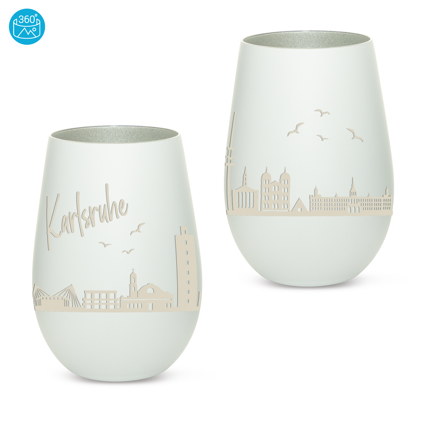 Hochwertiges Glas Windlicht mit Gravur "SKYLINE KARLSRUHE" in der Farbe Weiß/Silber