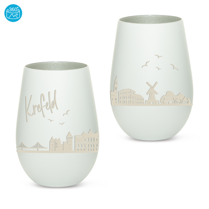 Hochwertiges Glas Windlicht mit Gravur "SKYLINE KREFELD" in der Farbe Weiß/Silber