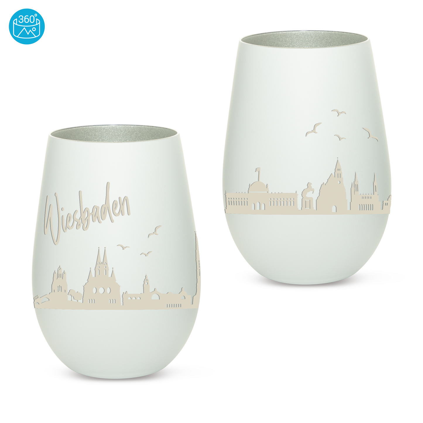 Hochwertiges Glas Windlicht mit Gravur "SKYLINE WIESBADEN" in der Farbe Weiß/Silber