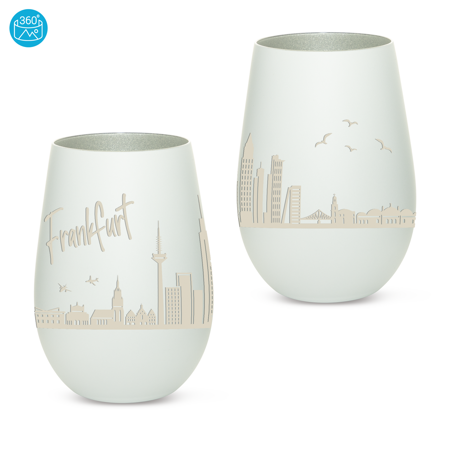 Hochwertiges Glas Windlicht mit Gravur "SKYLINE FRANKFURT" in der Farbe Weiß/Silber