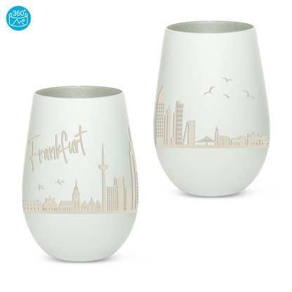 Hochwertiges Glas Windlicht mit Gravur "SKYLINE FRANKFURT" in der Farbe Weiß/Silber