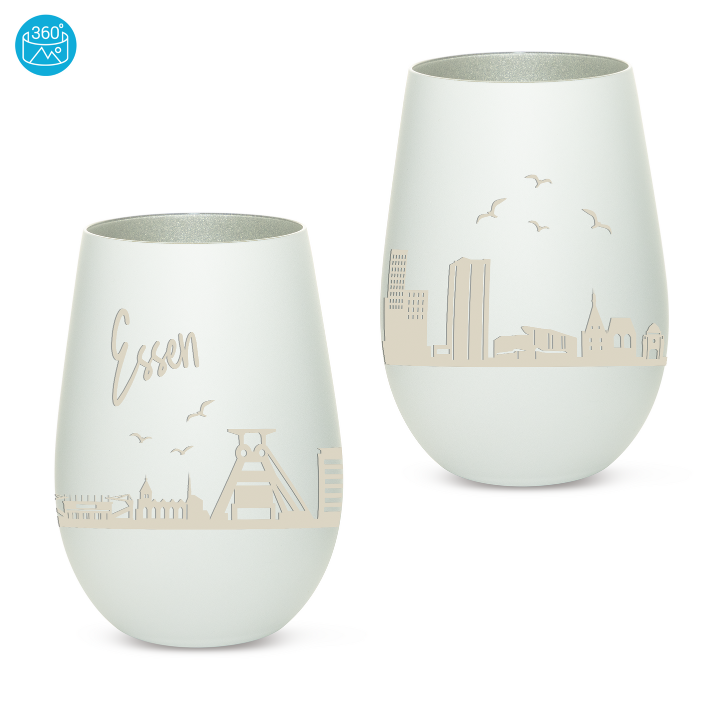 Hochwertiges Glas Windlicht mit Gravur "SKYLINE ESSEN" in der Farbe Weiß/Silber