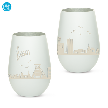 Hochwertiges Glas Windlicht mit Gravur "SKYLINE ESSEN" in der Farbe Weiß/Silber
