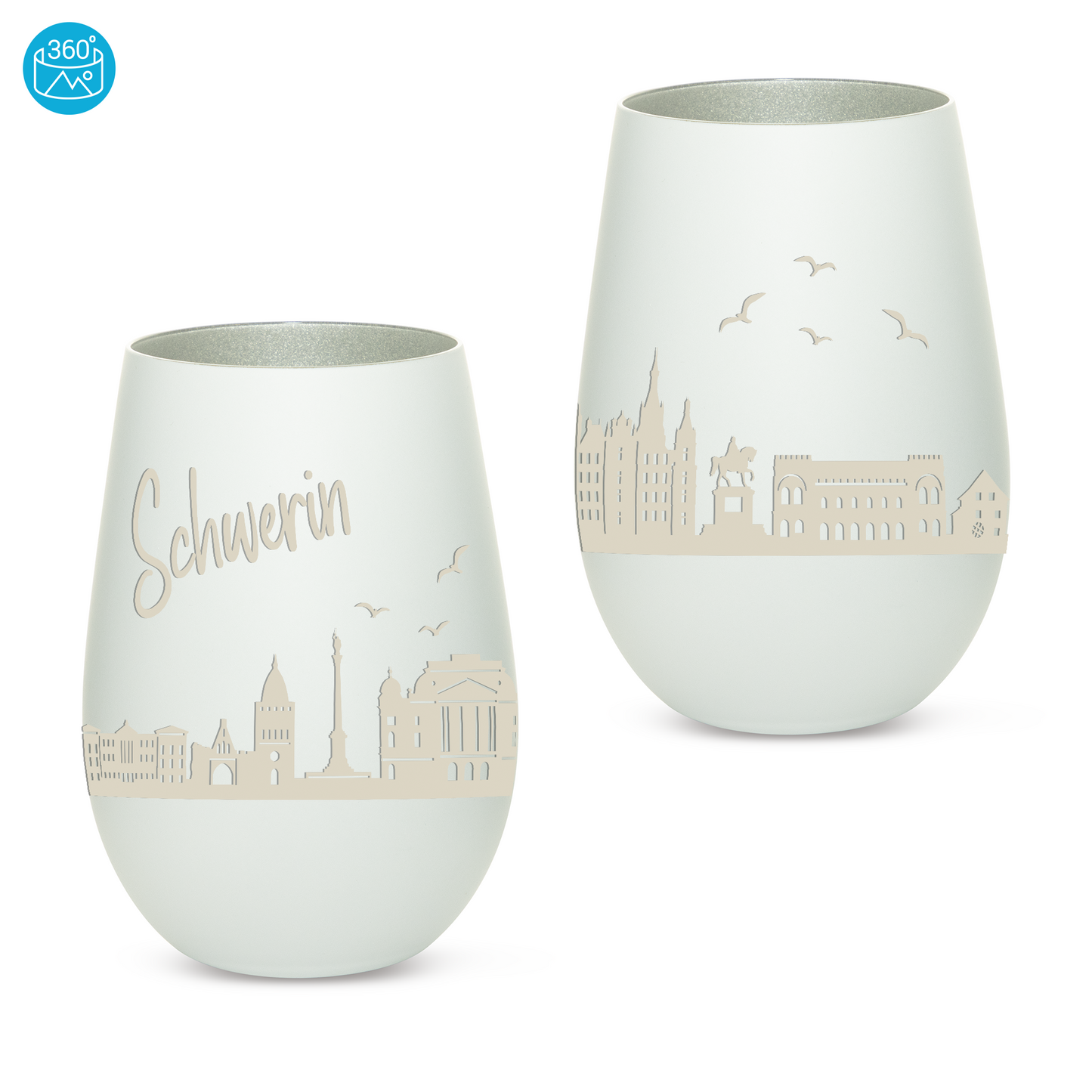 Hochwertiges Glas Windlicht mit Gravur "SKYLINE SCHWERIN" in der Farbe Weiß/Silber