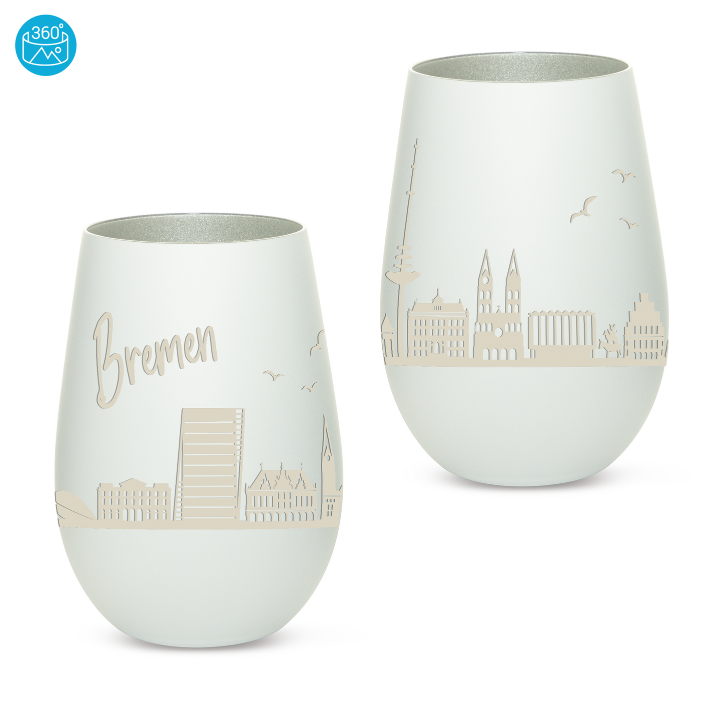 Hochwertiges Glas Windlicht mit Gravur "SKYLINE BREMEN" in der Farbe Weiß/Silber