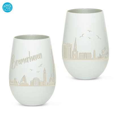 Hochwertiges Glas Windlicht mit Gravur "SKYLINE BREMERHAVEN" in der Farbe Weiß/Silber