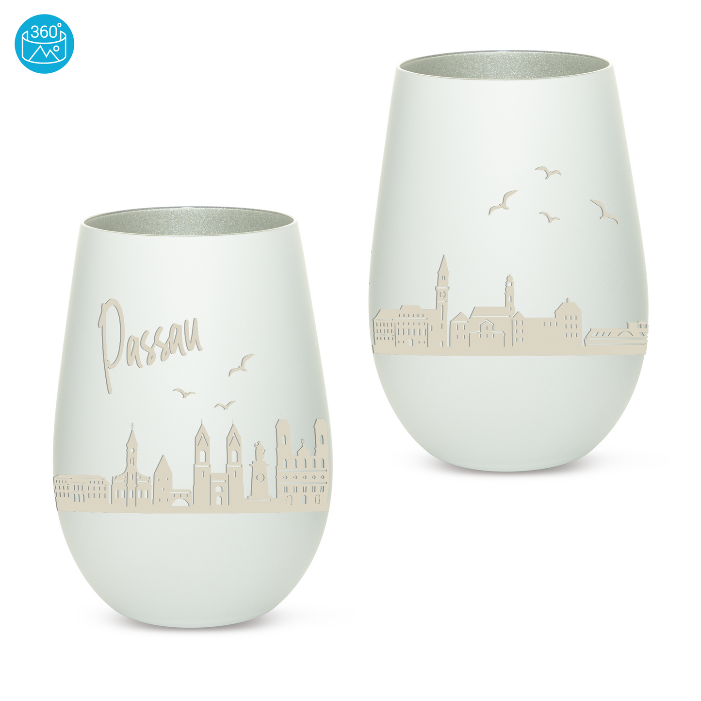 Hochwertiges Glas Windlicht mit Gravur "SKYLINE PASSAU" in der Farbe Weiß/Silber