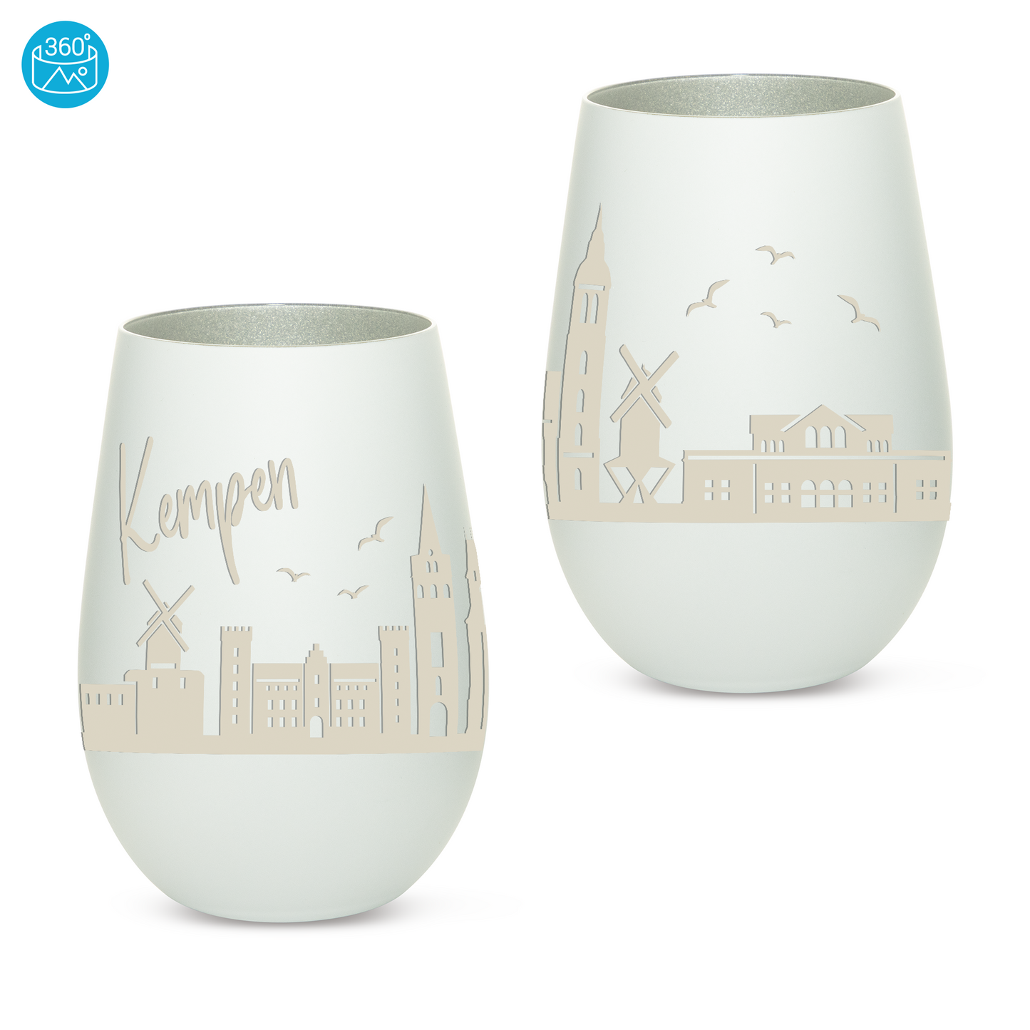 Hochwertiges Glas Windlicht mit Gravur "SKYLINE KEMPEN" in der Farbe Weiß/Silber