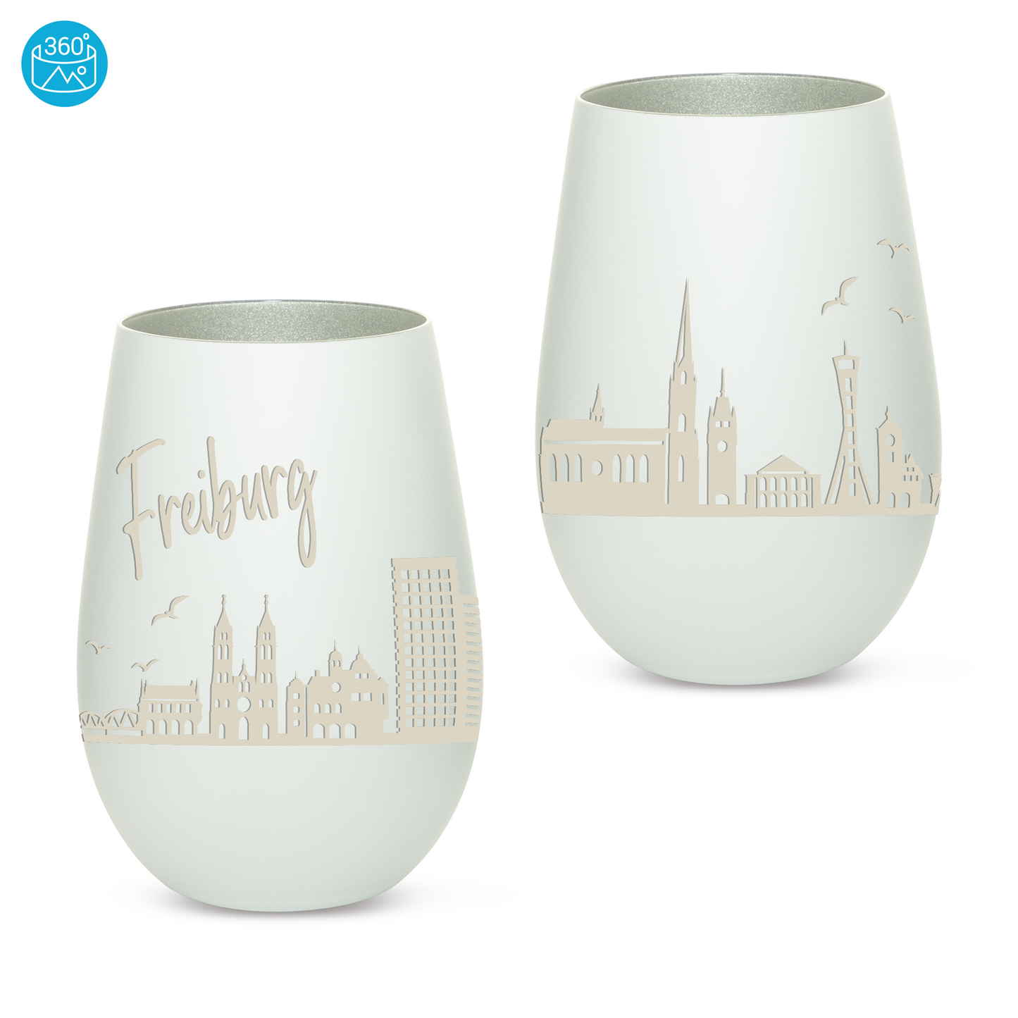 Hochwertiges Glas Windlicht mit Gravur "SKYLINE FREIBURG" in der Farbe Weiß/Silber