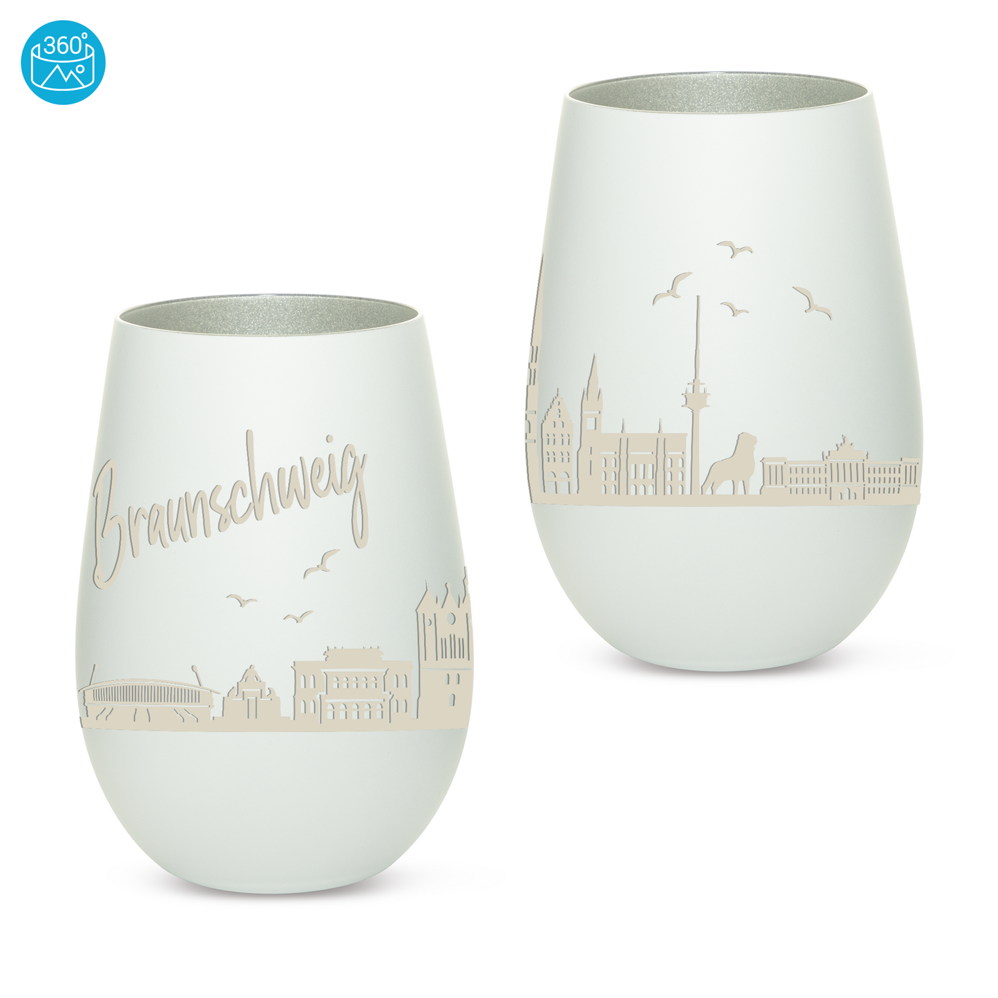 Hochwertiges Glas Windlicht mit Gravur "SKYLINE BRAUNSCHWEIG" in der Farbe Weiß/Silber