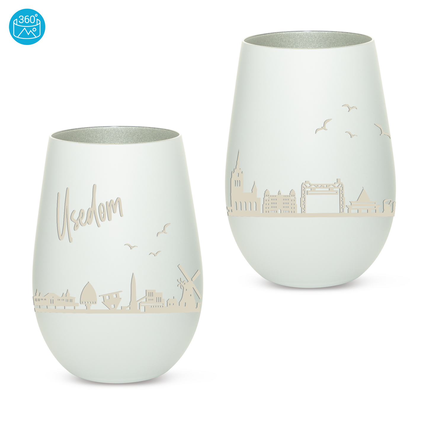 Hochwertiges Glas Windlicht mit Gravur "SKYLINE USEDOM" in der Farbe Weiß/Silber