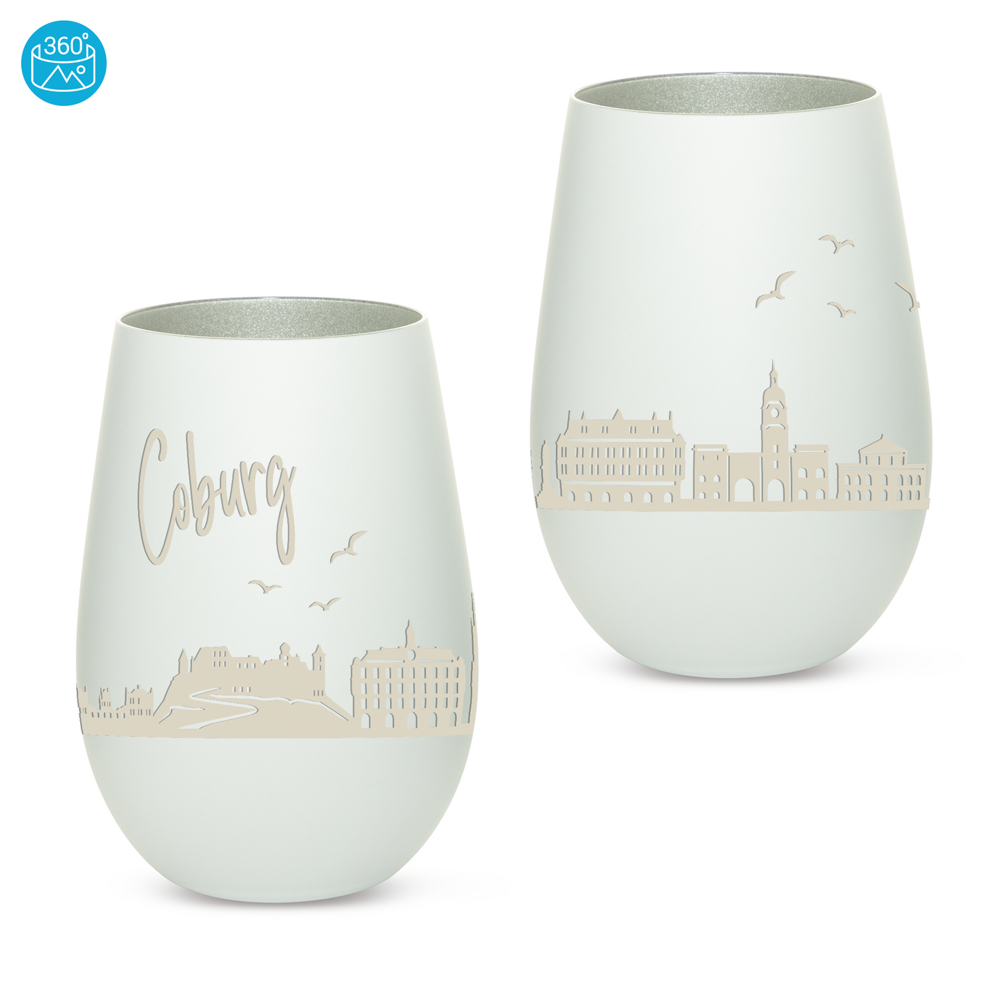 Hochwertiges Glas Windlicht mit Gravur "SKYLINE COBURG" in der Farbe Weiß/Silber