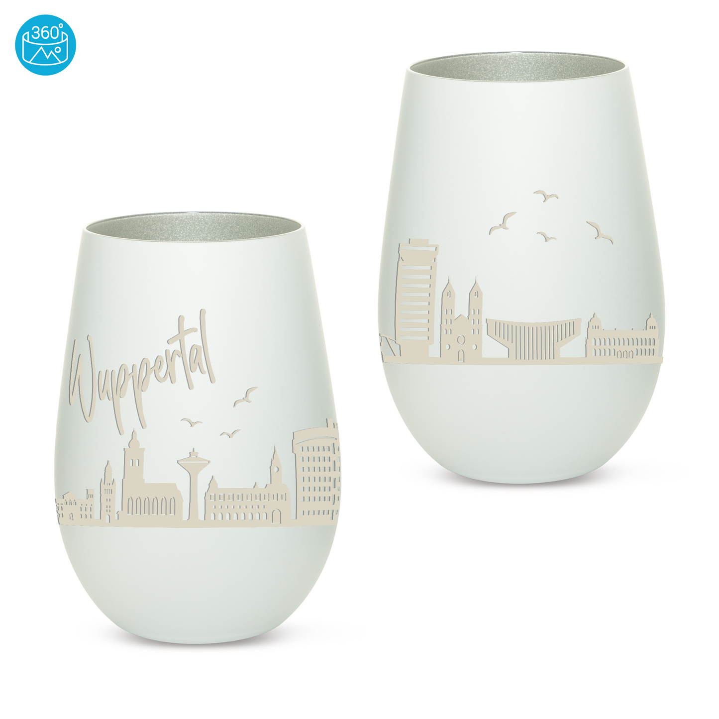 Hochwertiges Glas Windlicht mit Gravur "SKYLINE WUPPERTAL" in der Farbe Weiß/Silber