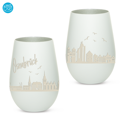 Hochwertiges Glas Windlicht mit Gravur "SKYLINE OSNABRÜCK" in der Farbe Weiß/Silber