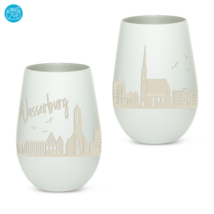 Hochwertiges Glas Windlicht mit Gravur "SKYLINE WASSERBURG" in der Farbe Weiß/Silber