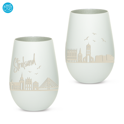 Hochwertiges Glas Windlicht mit Gravur "SKYLINE STRALSUND" in der Farbe Weiß/Silber