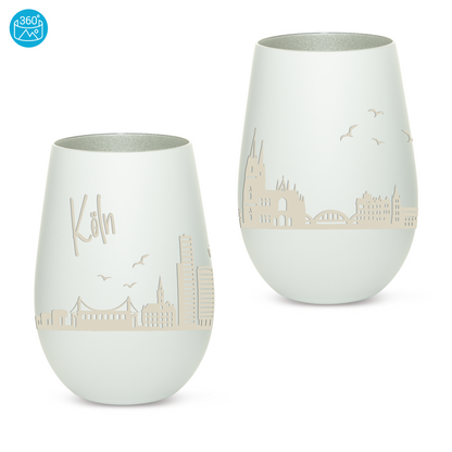 Hochwertiges Glas Windlicht mit Gravur "SKYLINE KÖLN" in der Farbe Weiß/Silber