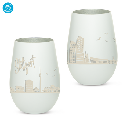 Hochwertiges Glas Windlicht mit Gravur "SKYLINE STUTTGART" in der Farbe Weiß/Silber