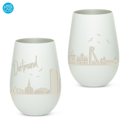 Hochwertiges Glas Windlicht mit Gravur "SKYLINE DORTMUND" in der Farbe Weiß/Silber