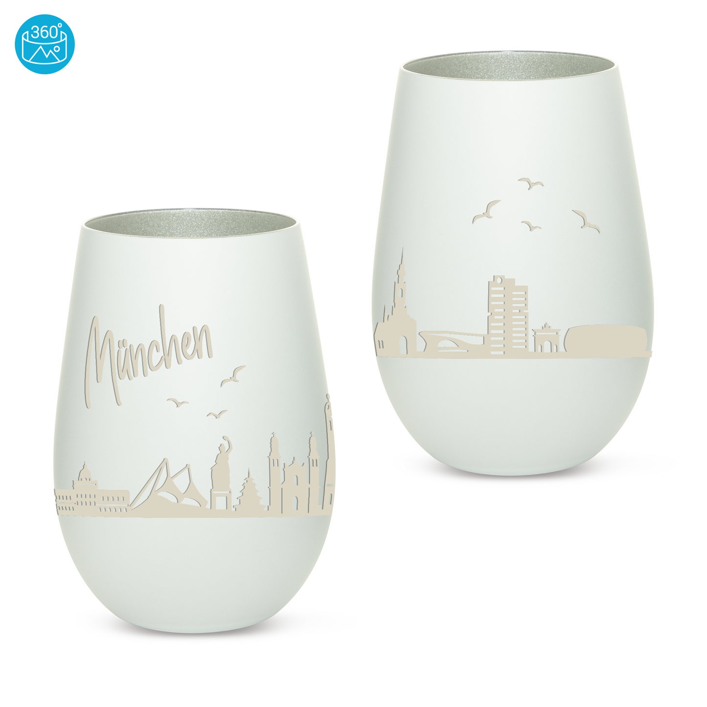 Hochwertiges Glas Windlicht mit Gravur "SKYLINE MÜNCHEN" in der Farbe Weiß/Silber