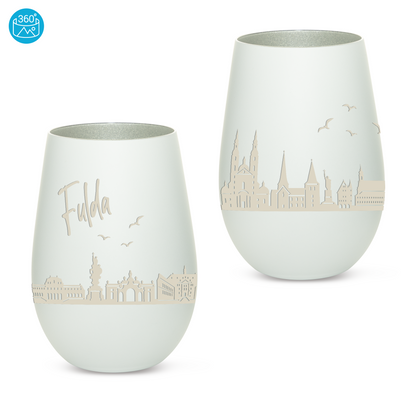 Hochwertiges Glas Windlicht mit Gravur "SKYLINE FULDA" in der Farbe Weiß/Silber