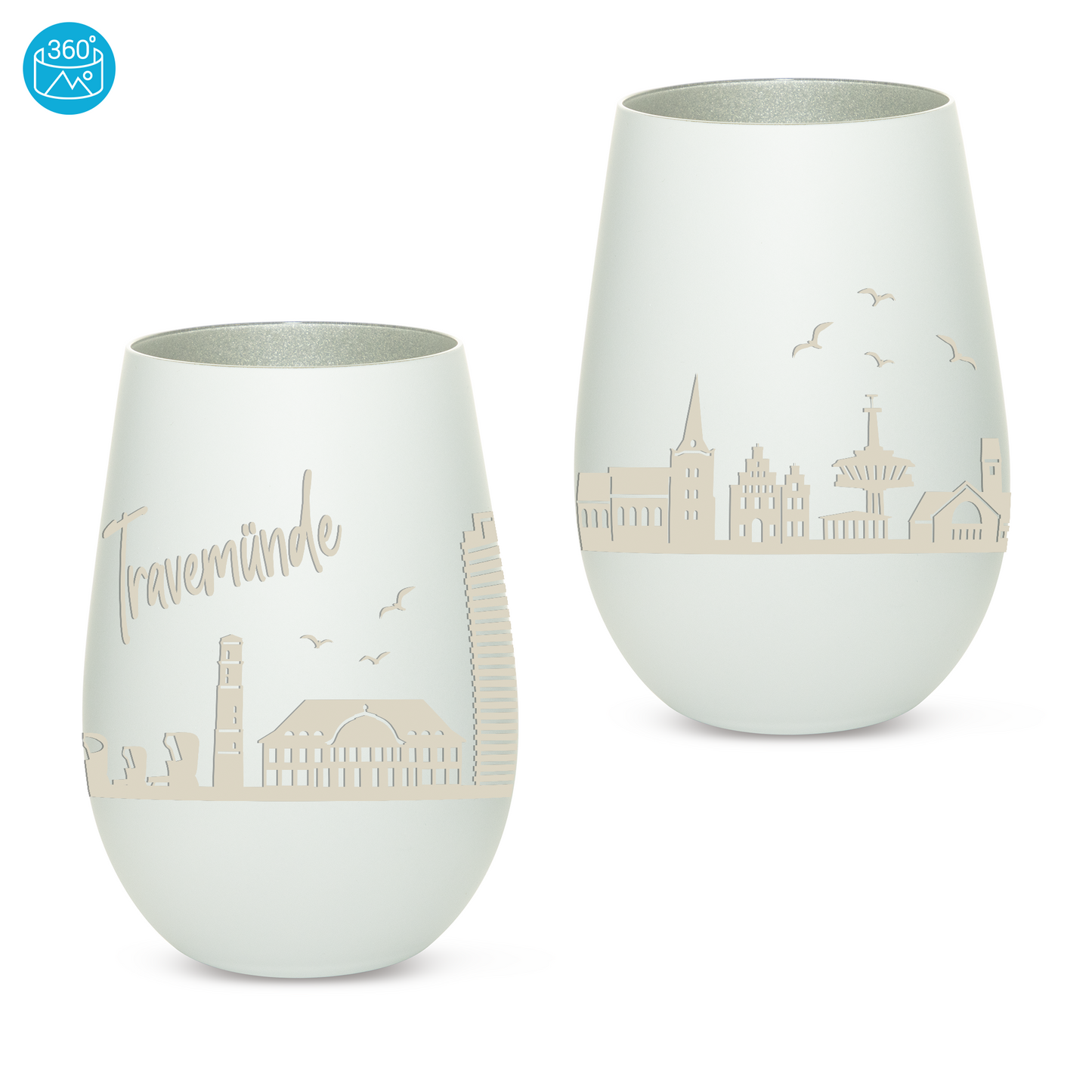 Hochwertiges Glas Windlicht mit Gravur "SKYLINE TRAVEMÜNDE" in der Farbe Weiß/Silber
