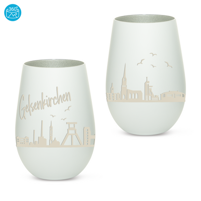 Hochwertiges Glas Windlicht mit Gravur "SKYLINE GELSENKIRCHEN" in der Farbe Weiß/Silber