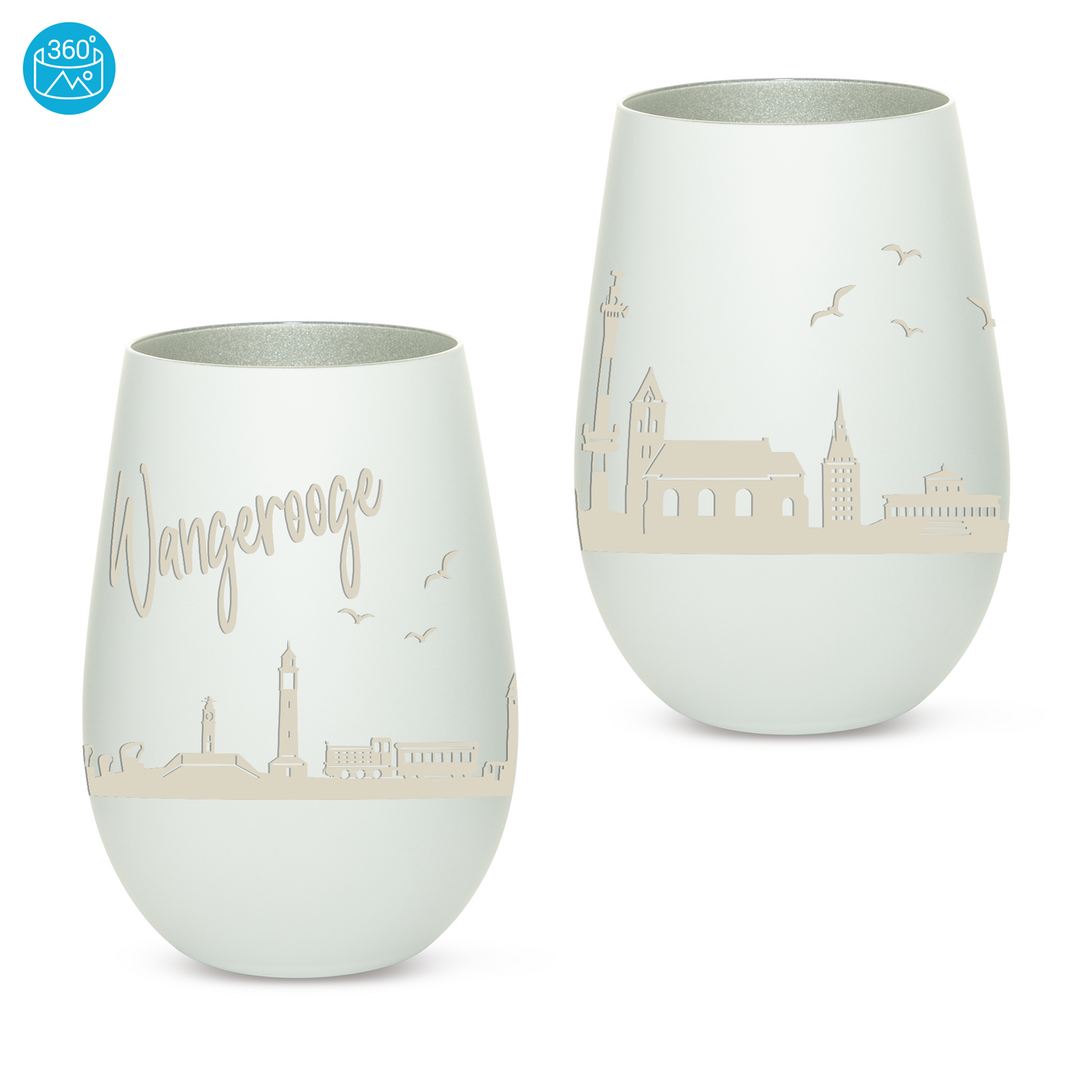 Hochwertiges Glas Windlicht mit Gravur "SKYLINE WANGEROOGE" in der Farbe Weiß/Silber