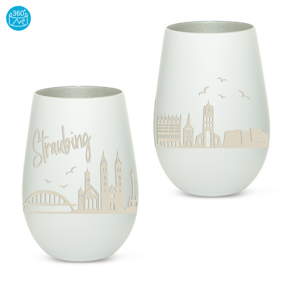 Hochwertiges Glas Windlicht mit Gravur "SKYLINE STRAUBING" in der Farbe Weiß/Silber