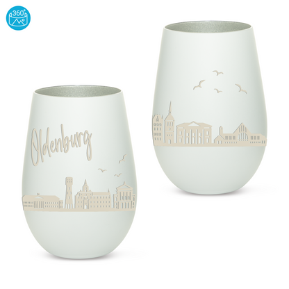 Hochwertiges Glas Windlicht mit Gravur "SKYLINE OLDENBURG" in der Farbe Weiß/Silber