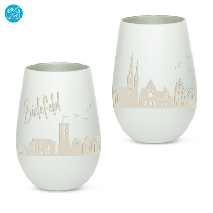 Hochwertiges Glas Windlicht mit Gravur "SKYLINE BIELEFELD" in der Farbe Weiß/Silber