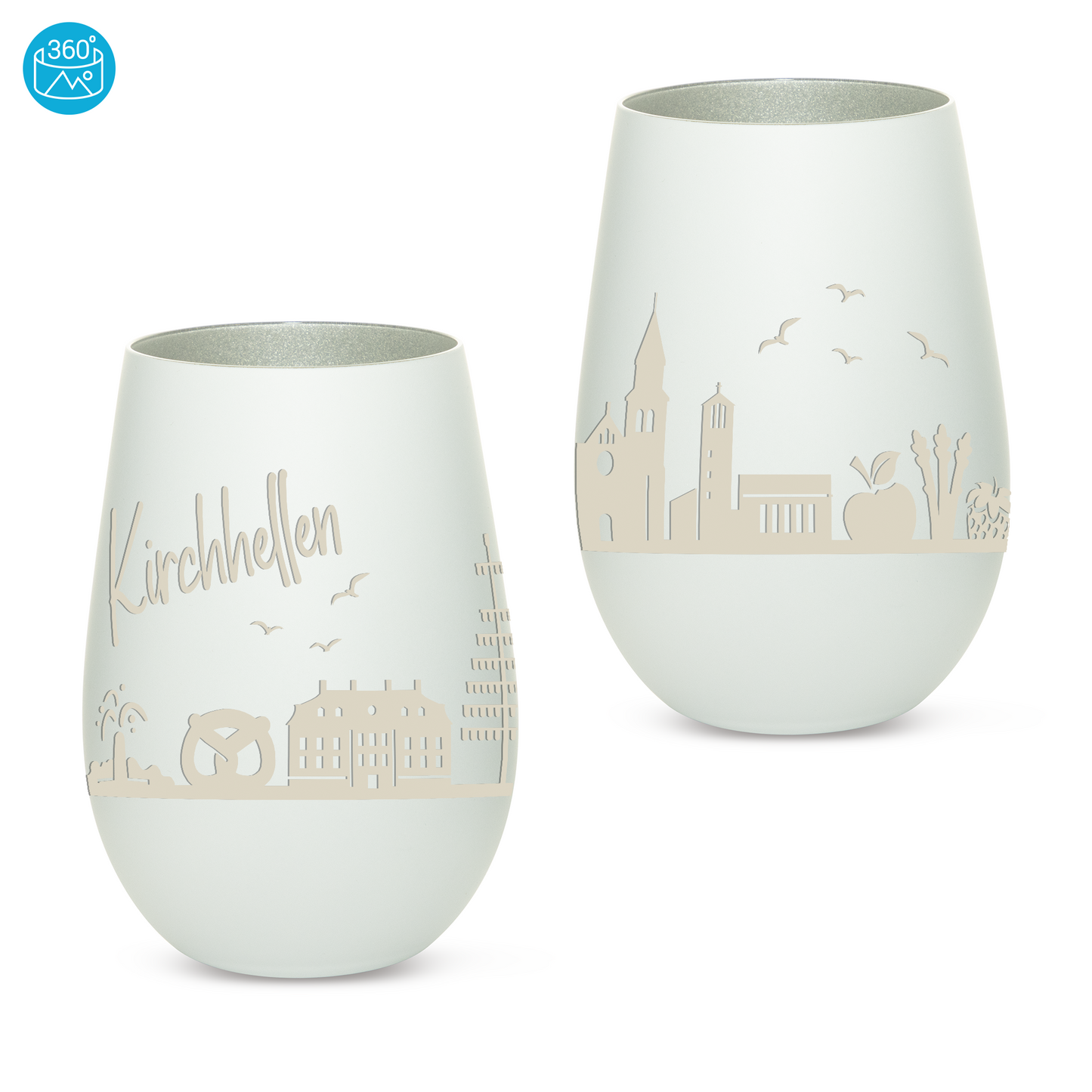 Hochwertiges Glas Windlicht mit Gravur "SKYLINE KIRCHHELLEN" in der Farbe Weiß/Silber