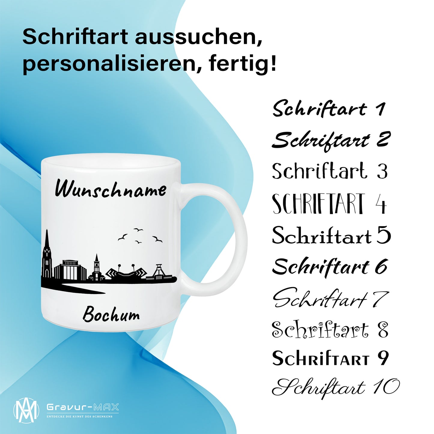 Tasse in Weiß 330ml bedruckt mit der Skyline von Bochum personalisierbar mit Wunschname